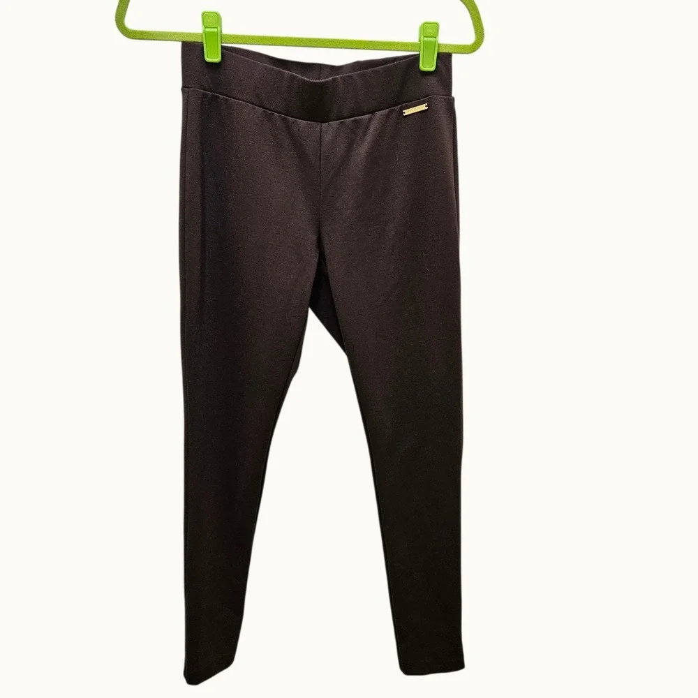 MICHAEL KORS Women Sz S‎ Brown Ponte Knit Leggings Pants Gold Logo Detail Career